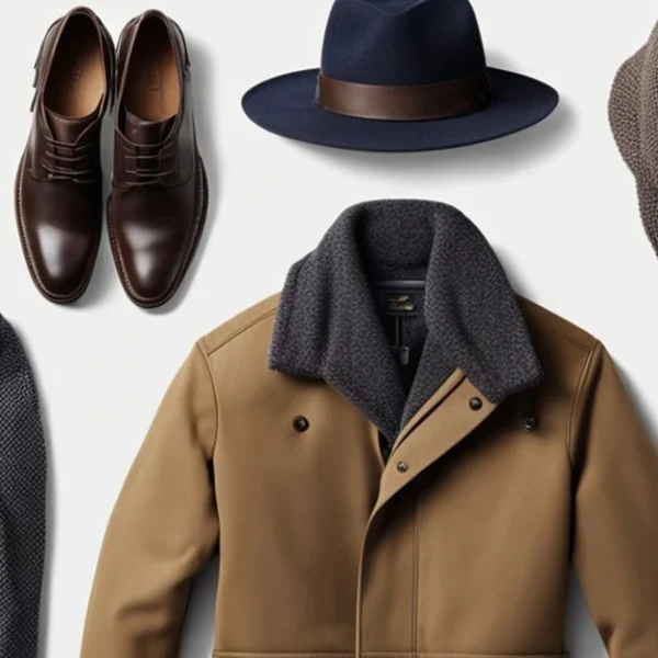 Winter fashion for men with coats, boots, scarf, hat, glasses, and a watch.