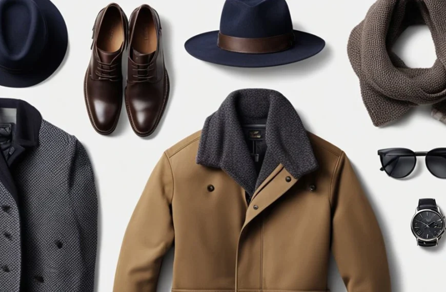Winter fashion for men with coats, boots, scarf, hat, glasses, and a watch.