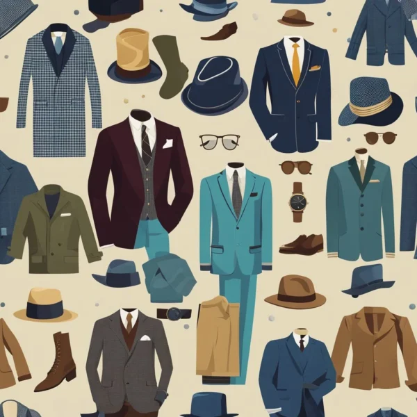 Illustration of old money men's fashion with suits, hats, glasses, and shoes.