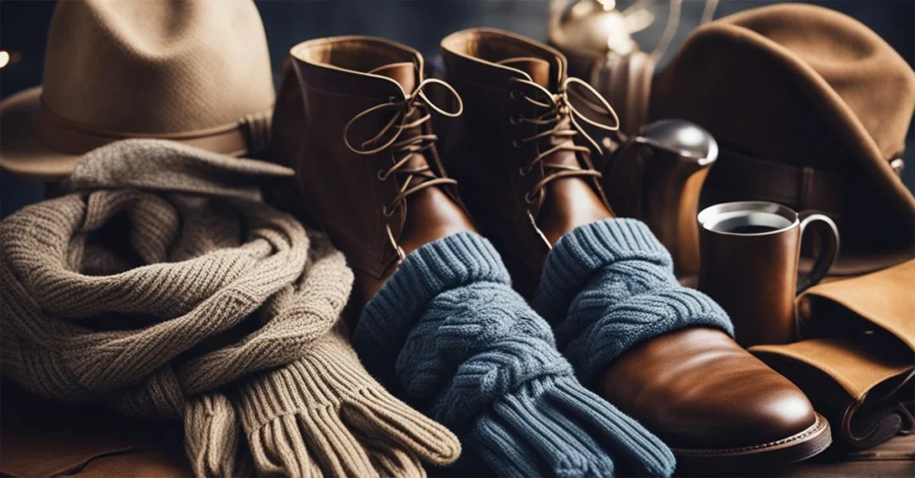 Cozy winter fashion for men with boots, scarf, hat, and warm drink.