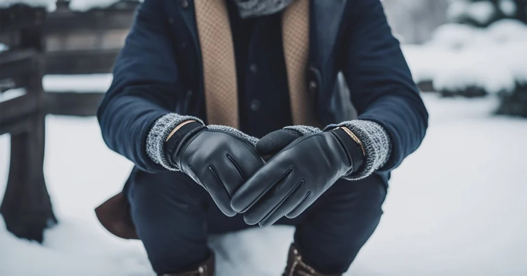 Man in winter attire with leather gloves showcases men's winter fashion.