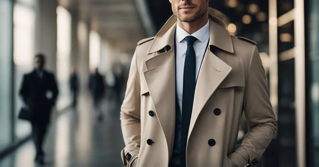 Sharp-dressed man in a beige trench coat symbolizes Mens Trench Coat Fashion, striding through a modern corridor.