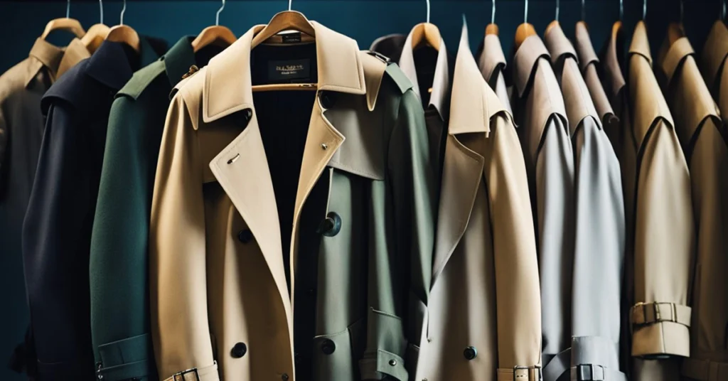 Elegant men's trench coats on hangers, showcasing the variety and sophistication in Mens Trench Coat Fashion.