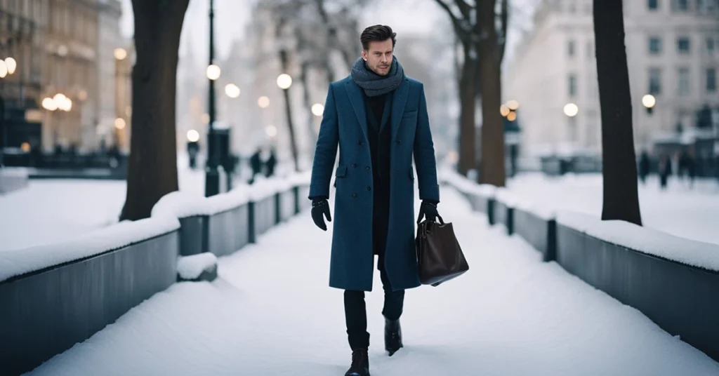 Man in long coat with scarf and bag walking on snowy street, winter fashion for men.