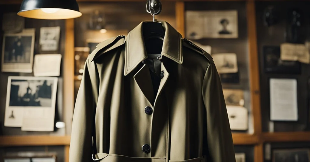 Classic military-style men's trench coat displayed in a vintage setting, highlighting timeless Mens Trench Coat Fashion.