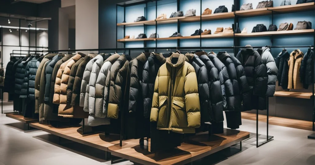 Assortment of winter jackets in a store, featuring men's winter fashion.