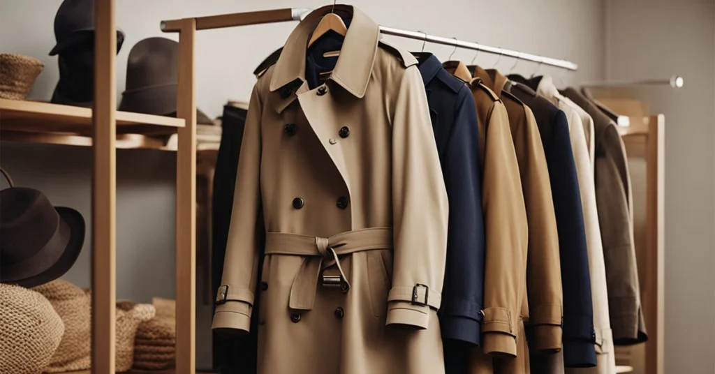 Elegant men's trench coat among a collection of coats and hats, epitomizing Mens Trench Coat Fashion.