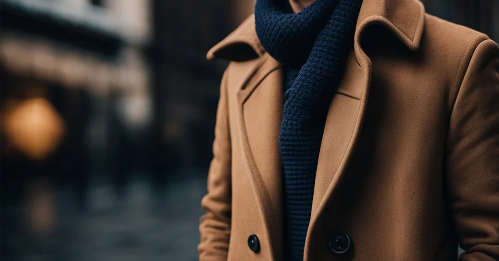 Close-up of a camel trench coat paired with a blue scarf, epitomizing Mens Trench Coat Fashion on a city street.