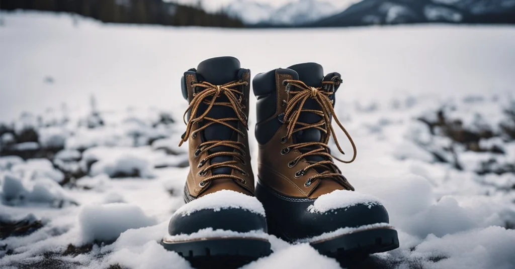 Rugged winter boots on snow, embodying practical men's winter fashion.