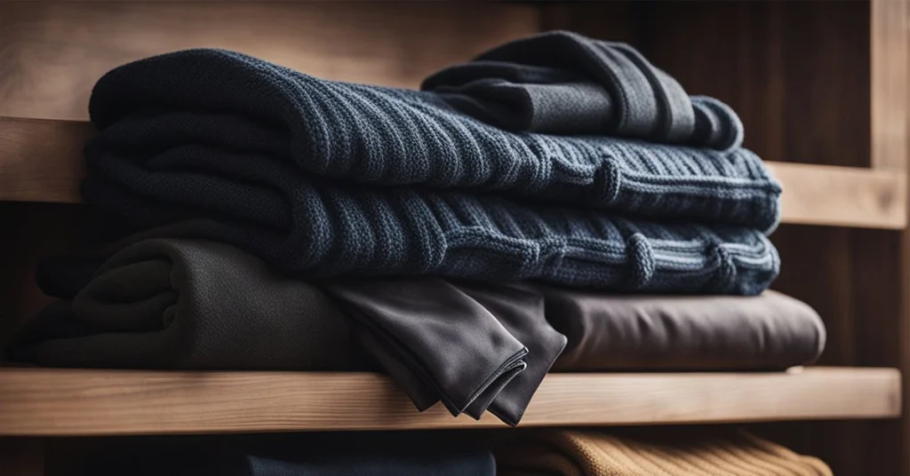 Neatly stacked winter sweaters and pants, epitomizing men's winter fashion.