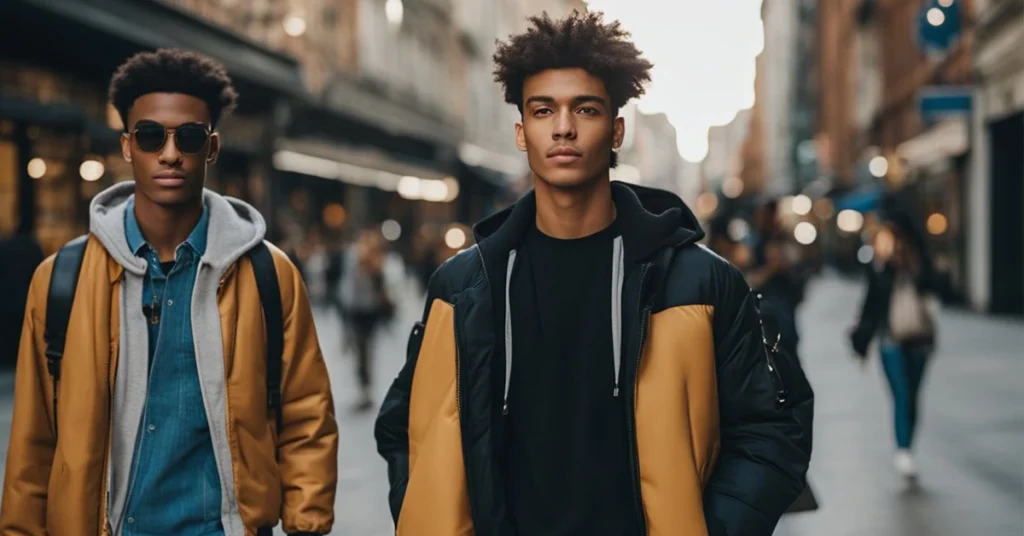 Two young men sporting Gen Z Men's Fashion with stylish jackets and sunglasses, walking confidently on a city street.