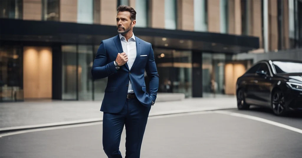 Stylish 40-year-old man in a sharp blue suit confidently strides through the city, embodying classic men's fashion.