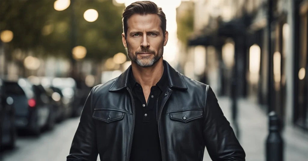 Stylish 40-year-old man in a leather jacket exudes timeless men's fashion on a city street.