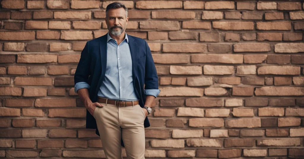 Man in casual blazer and chinos embodies men's fashion for 40 year olds against a brick wall.