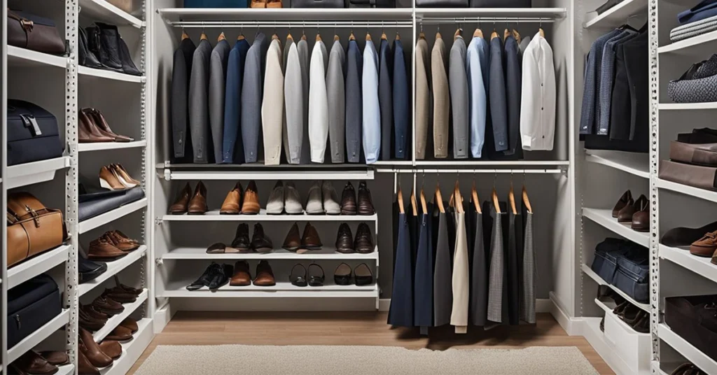 Assorted suits and shoes in a neatly organized closet highlight classic men's fashion for 40-year-olds.