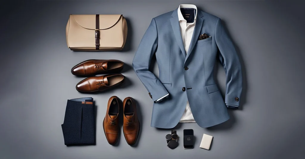 Elegant men's fashion for 40 year olds with blue suit, brown shoes, and accessories.