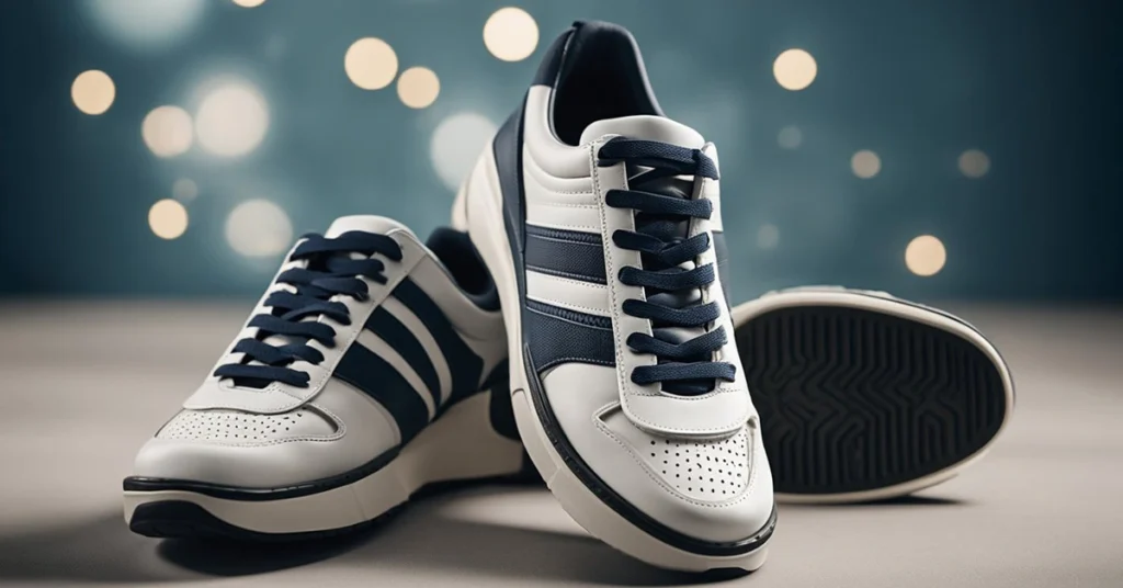 Stylish white and navy sneakers, a trendy choice in men's fashion for the modern 40-year-old.