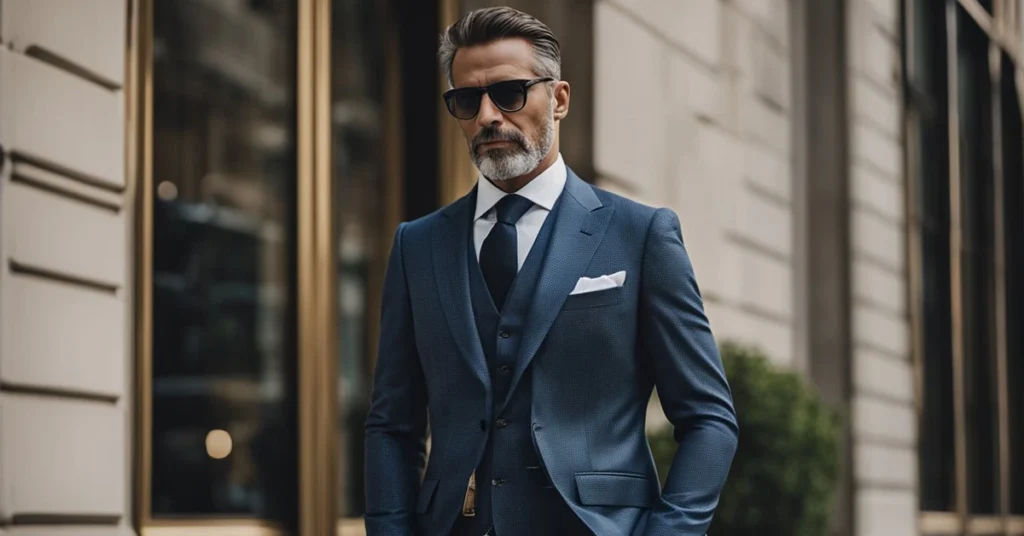 Stylish 40-year-old man in a sharp blue suit and sunglasses exudes confidence in an urban setting, epitomizing mature men's fashion.