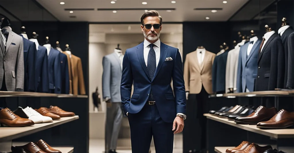 Dapper 40-year-old man in a blue suit stands in a men's fashion store, representing timeless elegance and style.