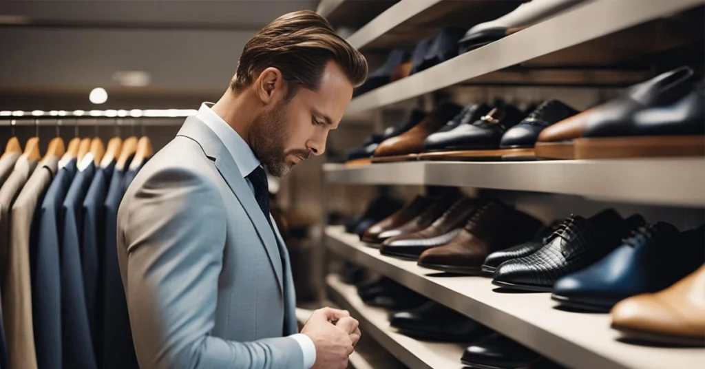 Stylish 40-year-old man selecting from a range of classic dress shoes, a staple in men's fashion.