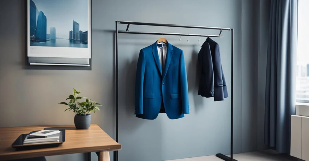 Elegant blue suits hang in a modern room, showcasing timeless men's fashion for the distinguished 40-year-old.