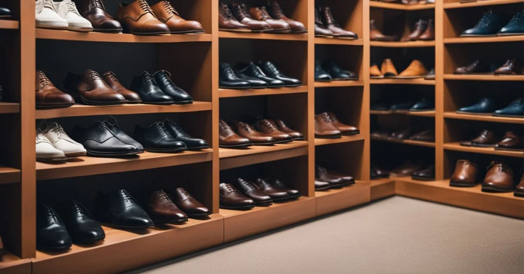 Elegant display of men's leather shoes on wooden shelves, epitomizing classic fashion for 40-year-olds.