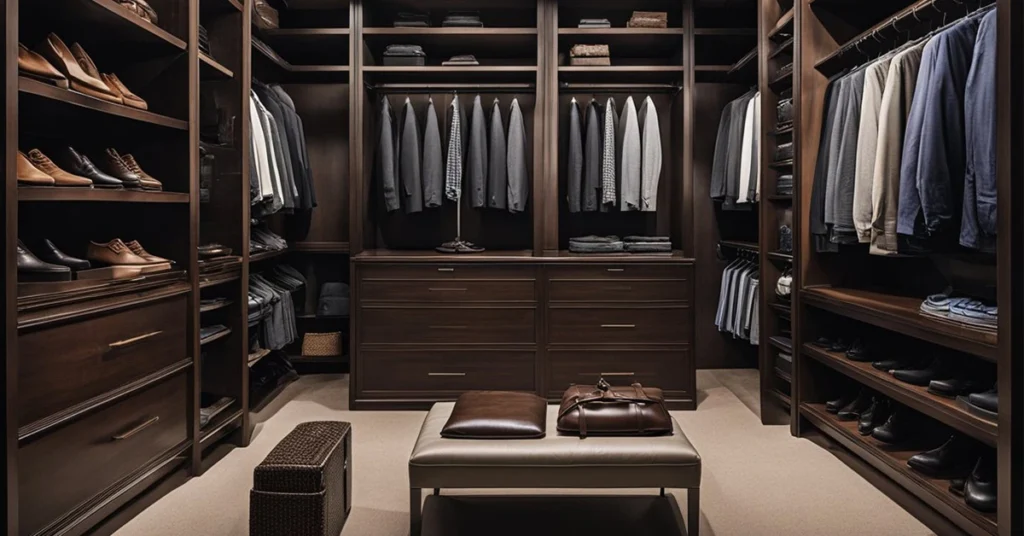Sophisticated walk-in closet showcasing a collection of suits and shoes, tailored to the fashion sense of a 40-year-old man.
