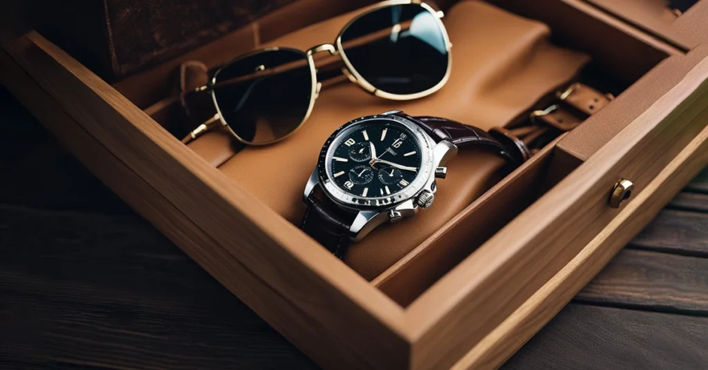 Elegant men's watch and sunglasses in a drawer, essentials in fashion for the discerning 40-year-old man.
