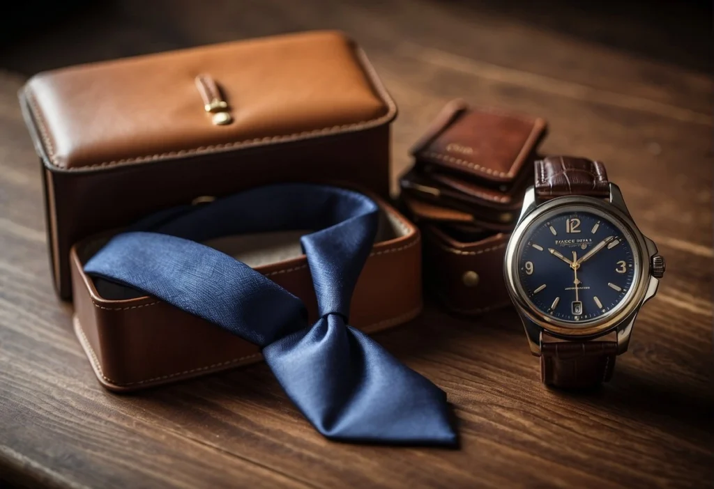 Classic men's watch, leather bag, wallet, and blue tie on wood, symbolizing Timeless Men's Fashion.