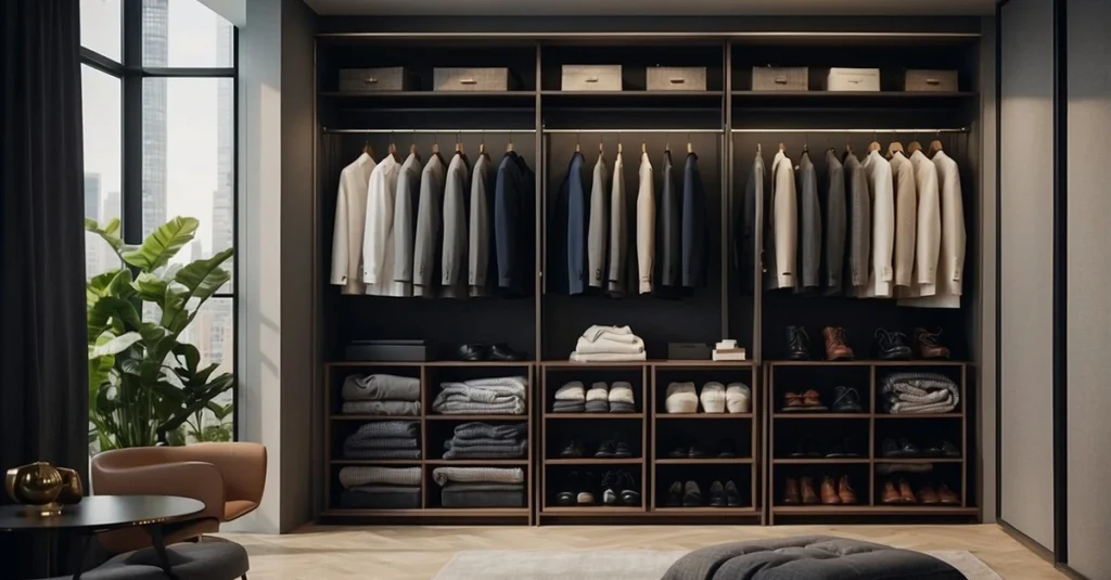 Elegant wardrobe filled with men's clothing and shoes, reflecting the essentials of bald men fashion.