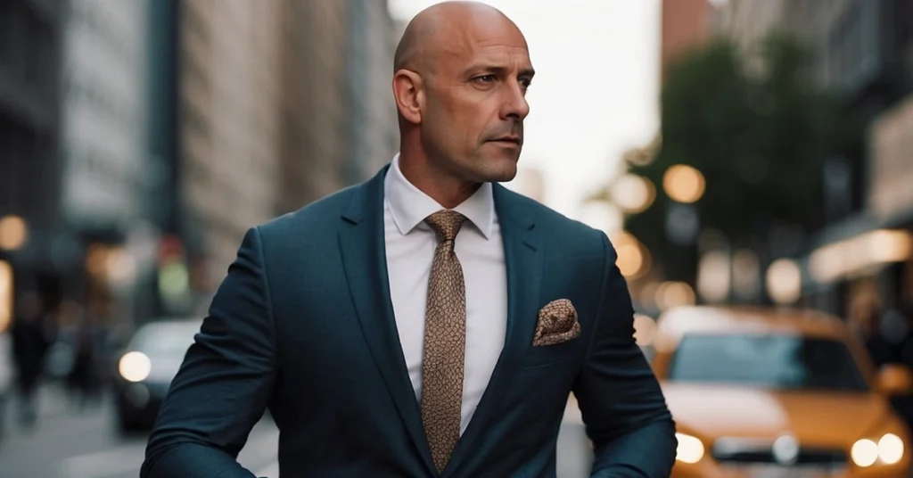 Bald man in a tailored suit exudes sophistication, a perfect example of bald men fashion on a city street.