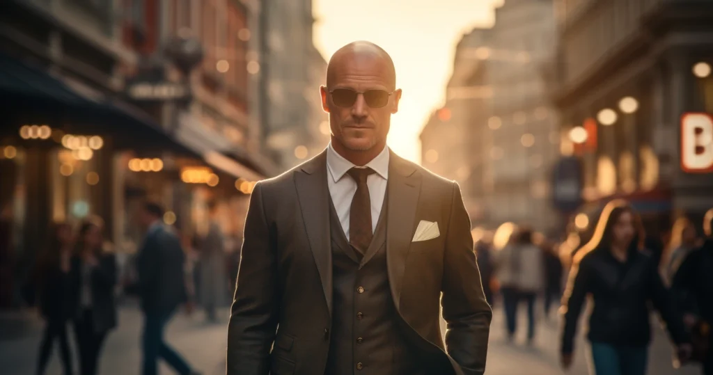 Bald man in a suit with sunglasses, walking confidently, showcasing bald men fashion in an urban setting.