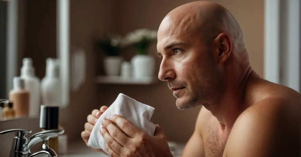 Bald man in grooming routine, a part of bald men fashion and care, holding a towel near a sink.