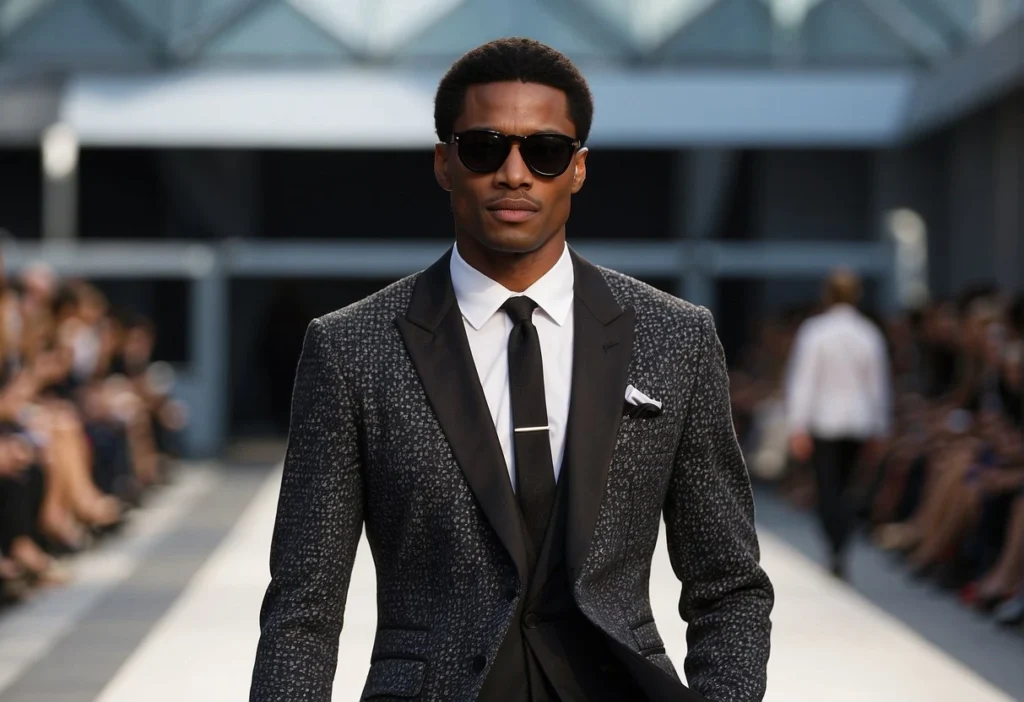 Model on runway showcasing elegant Black Men's Fashion with a patterned suit.
