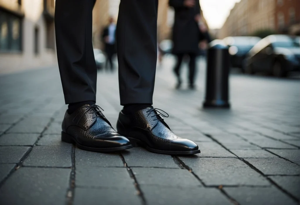 A man's polished black leather shoes on a city street, symbolizing sleek Black Men's Fashion.