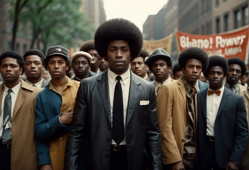 A group of black men in 70s attire, showcasing Black men's fashion, with a focus on sharp suits and afros.