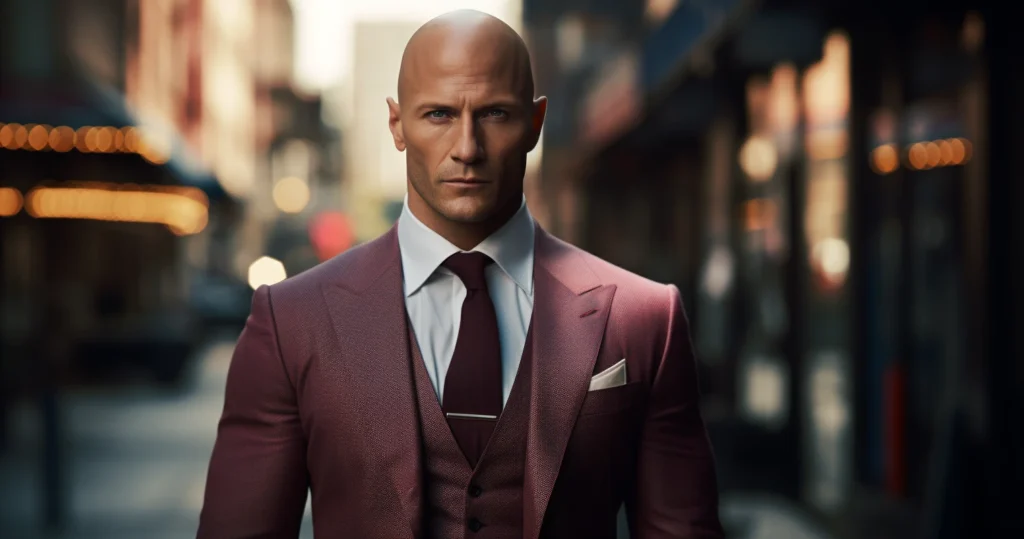 Confident bald man in a chic maroon suit, epitomizing urban bald men fashion.