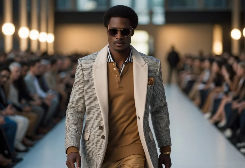 Man on runway in chic coat and shades, epitomizing modern Black Men's Fashion.