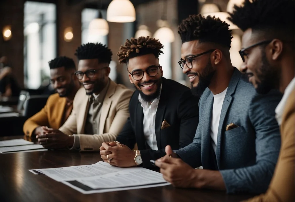 Group of stylish men in a meeting, embodying Black Men's Fashion with smart casual attire.