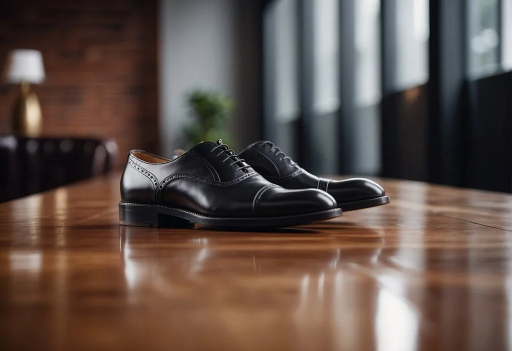 Elegant black leather Oxford shoes on a wooden surface, epitomizing Timeless Men's Fashion.