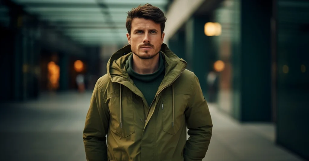 Stylish man in a green jacket embodies Men Spring Fashion on an urban walkway.