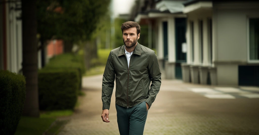 Man in a chic grey jacket represents Men Spring Fashion, strolling in a serene neighborhood.