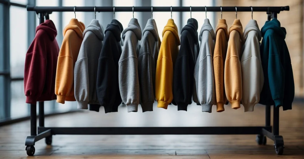 A selection of men's spring hoodies in a range of neutral and warm tones displayed on a rack, showcasing casual Men Spring Fashion.