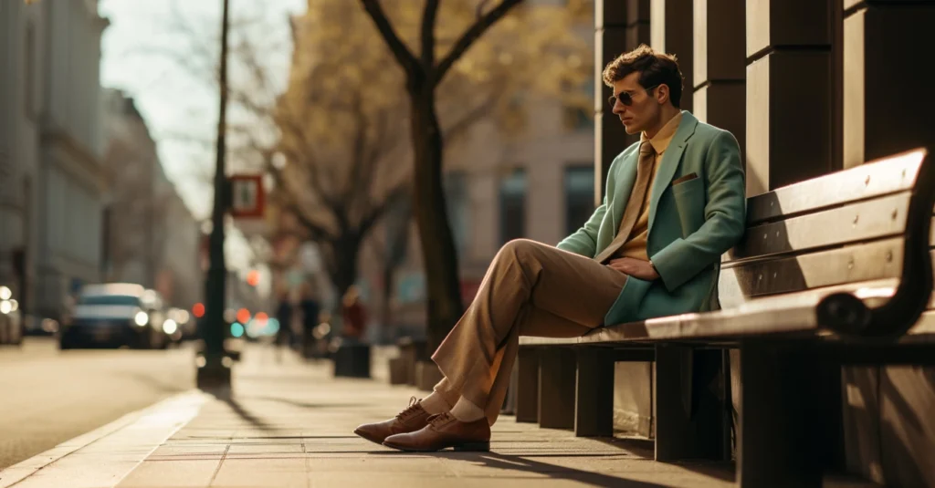 Man in a mint blazer sits pensively on a bench, showcasing Men Spring Fashion.
