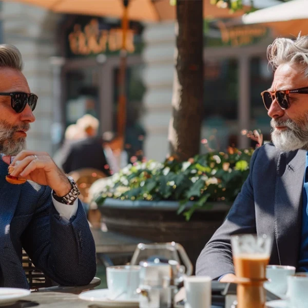 Two stylish middle-aged men in suits enjoying coffee outdoors, embodying French men's fashion.