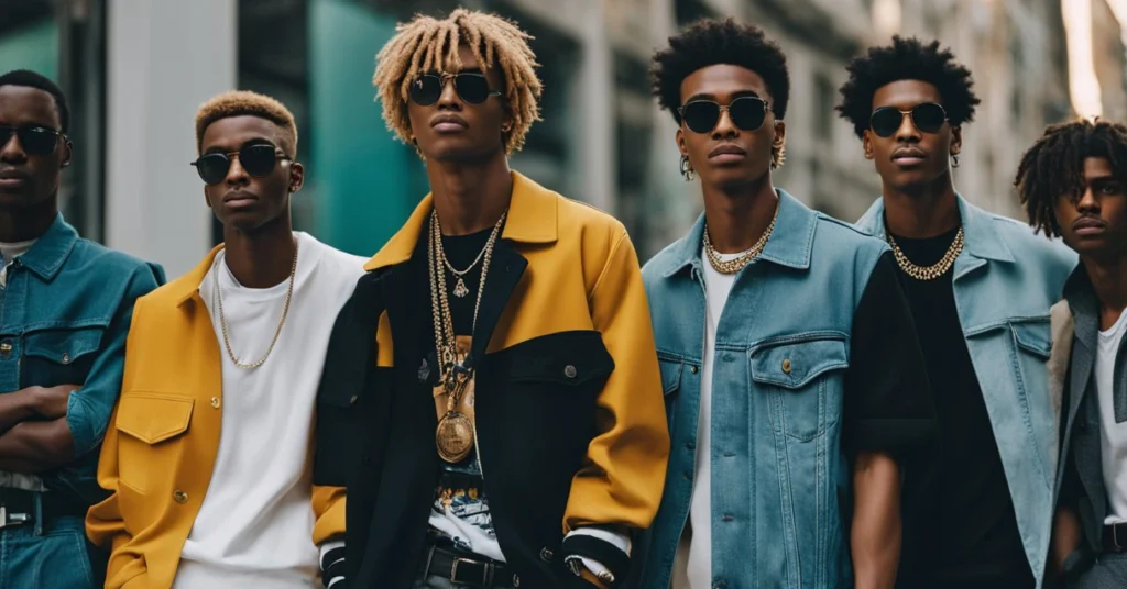 Group of Gen Z men in urban fashion with denim, bold colors, and gold chains, exuding confidence and style on the city streets.