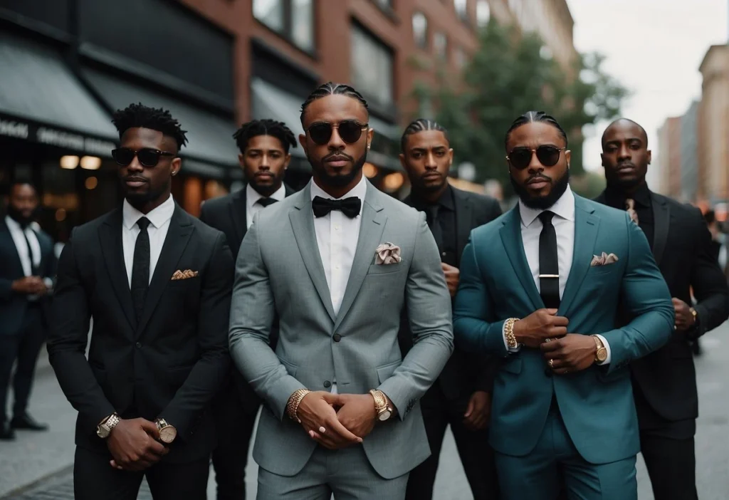 Group of men in sharp suits, epitomizing Black Men's Fashion on an urban street.