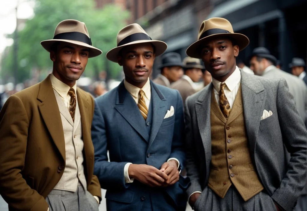 Three black men in vintage suits and fedoras, epitomizing classic Black men's fashion.