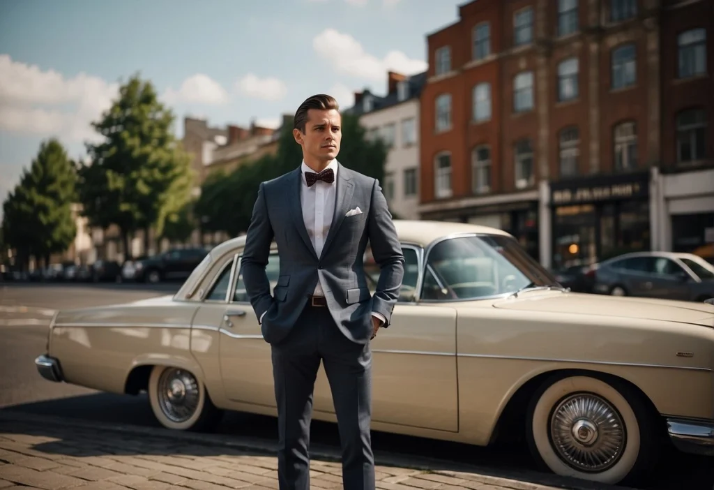 Man in classic suit with bow tie by vintage car, epitome of Timeless Men's Fashion.