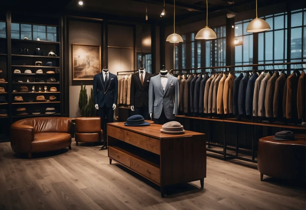 Elegant menswear store with suits and hats, showcasing Timeless Men's Fashion.